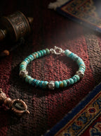 Tibetan Sacred Stone Ancient Hand-Chiseled Natural Raw Turquoise Sterling Silver Bracelet Original Niche Design