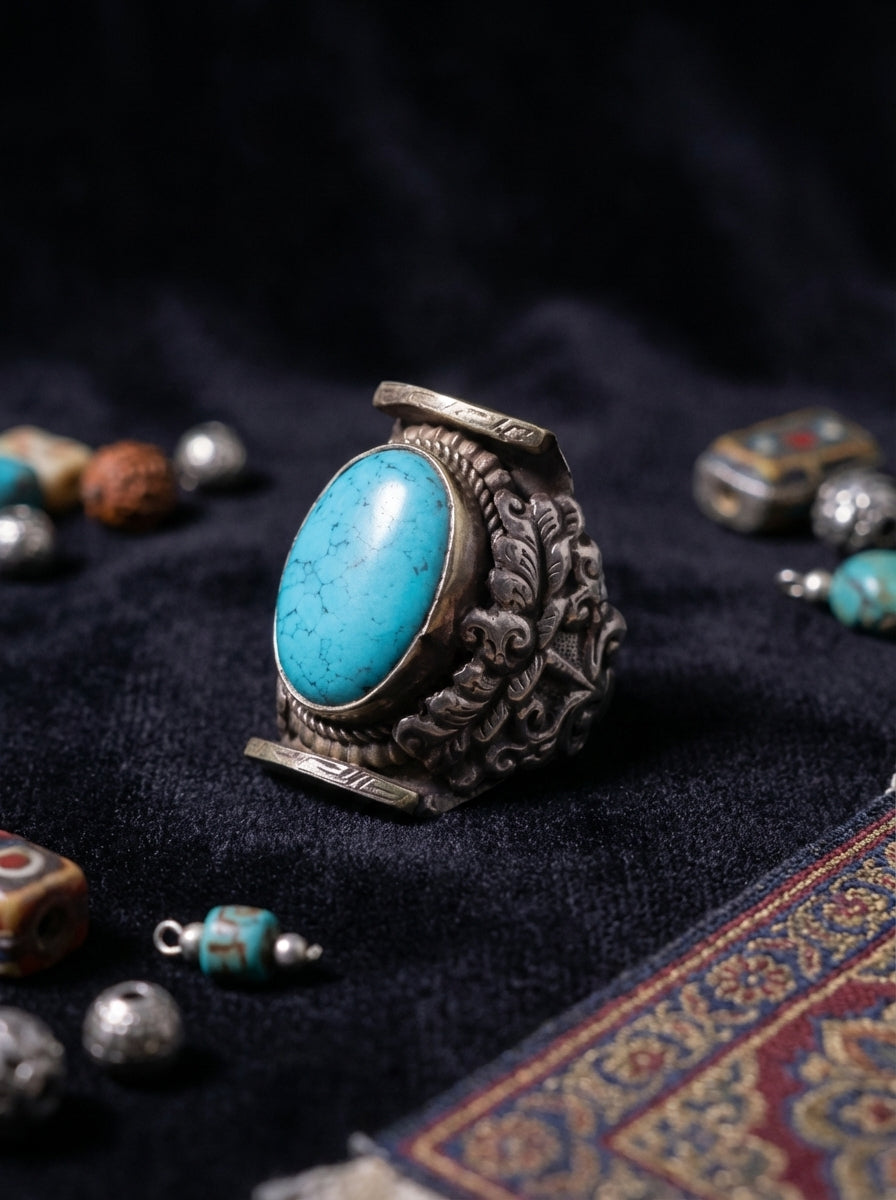 Tibetan Sacred Stone・Hand-Carved Saddle Ring | Natural Turquoise Vintage Ring