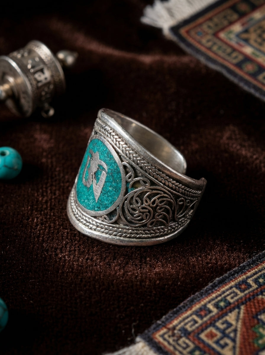 Om Blessing・Turquoise Inlaid Open Ring | Original Ethnic Style Adjustable Ring