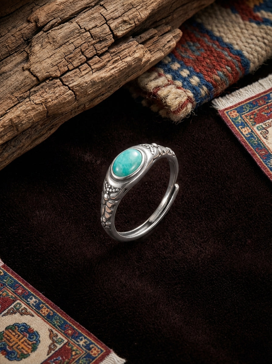 Neutral Retro Ring | S925 Sterling Silver Raw Ore Turquoise Cabochon Ring