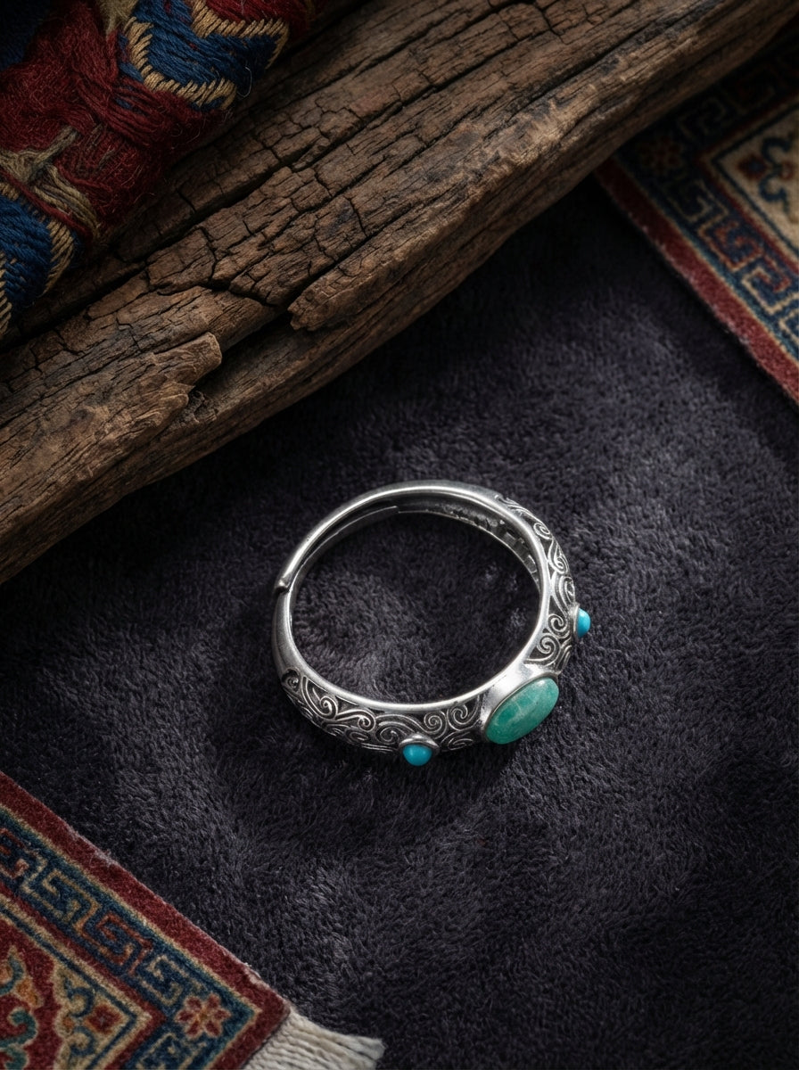 Tibetan Ethnic Style Ring | 925 Sterling Silver Vintage Patina Turquoise Adjustable Ring