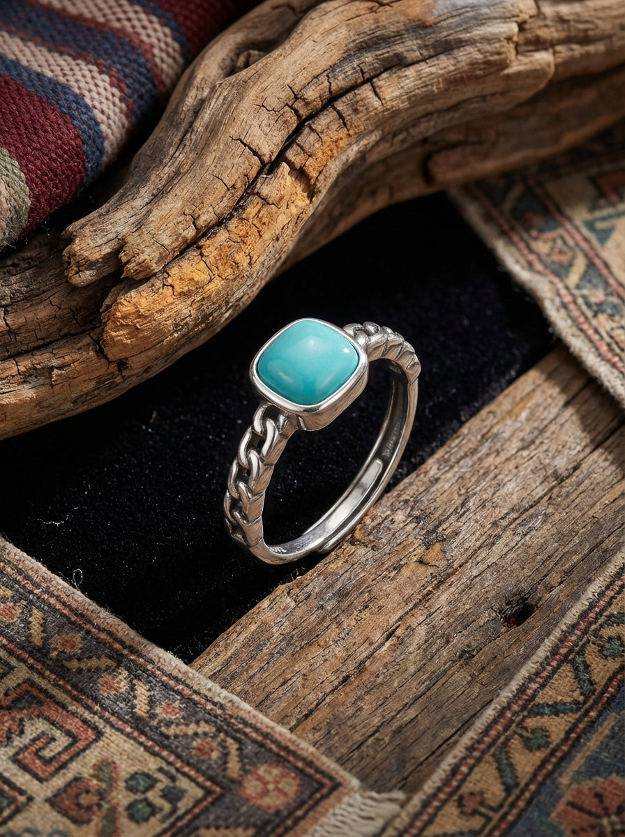 Vintage Ethnic Style Ring | S925 Sterling Silver Turquoise Square Open Ring