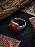 Vintage New Chinese Style Ring | S925 Sterling Silver Southern Red Agate Square Candy Ring