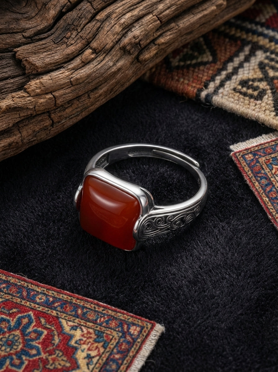 Vintage New Chinese Style Ring | S925 Sterling Silver Southern Red Agate Square Candy Ring