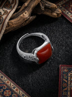 Vintage New Chinese Style Ring | S925 Sterling Silver Southern Red Agate Square Candy Ring