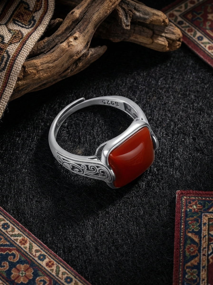 Vintage New Chinese Style Ring | S925 Sterling Silver Southern Red Agate Square Candy Ring