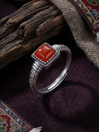 Vintage Ethnic Style Ring | S925 Sterling Silver Southern Red Agate Square Candy Ring