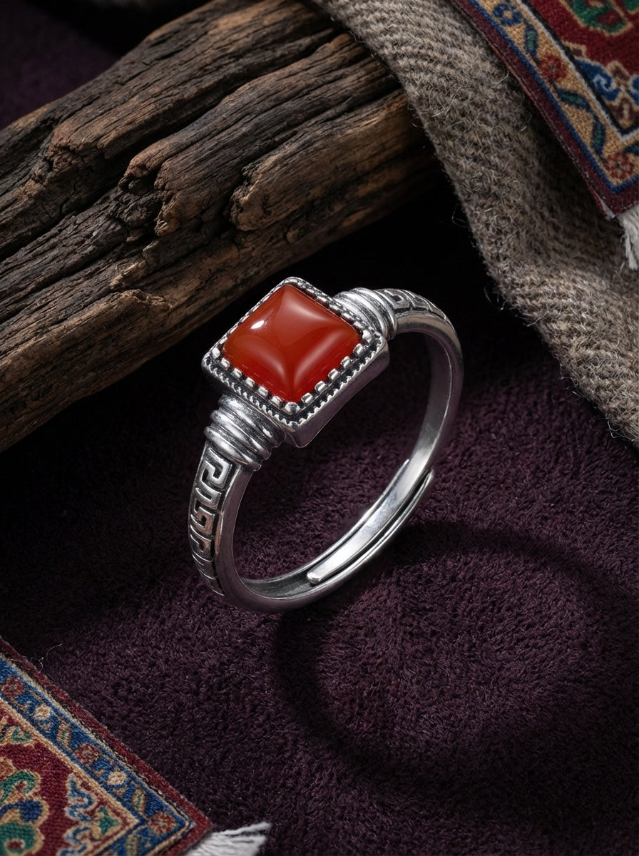 Vintage Ethnic Style Ring | S925 Sterling Silver Southern Red Agate Square Candy Ring