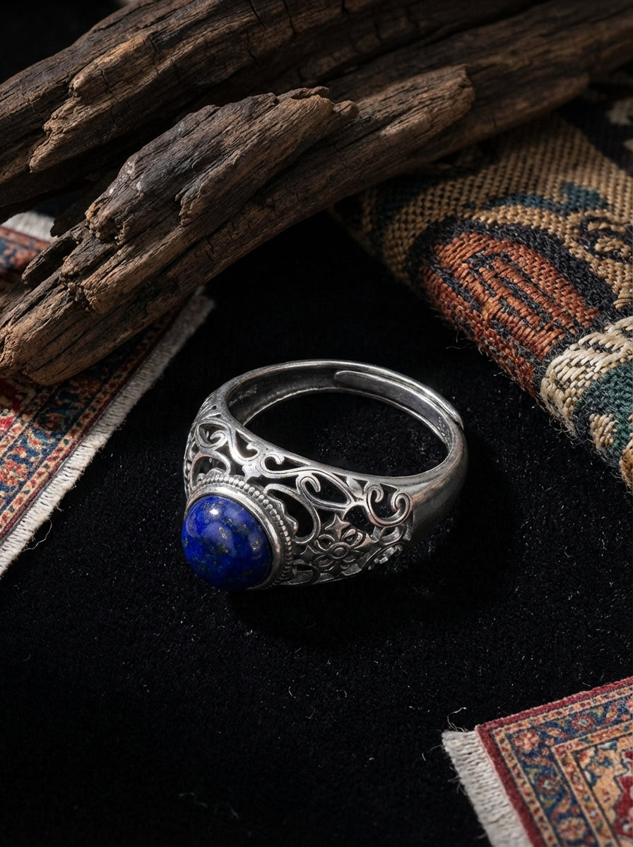 Vintage Ethnic Style Ring | S925 Sterling Silver Lapis Lazuli Open Ring