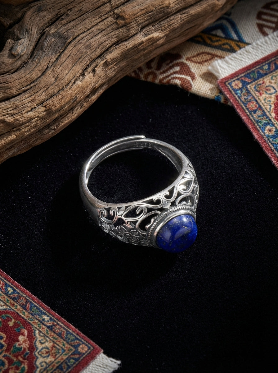Vintage Ethnic Style Ring | S925 Sterling Silver Lapis Lazuli Open Ring
