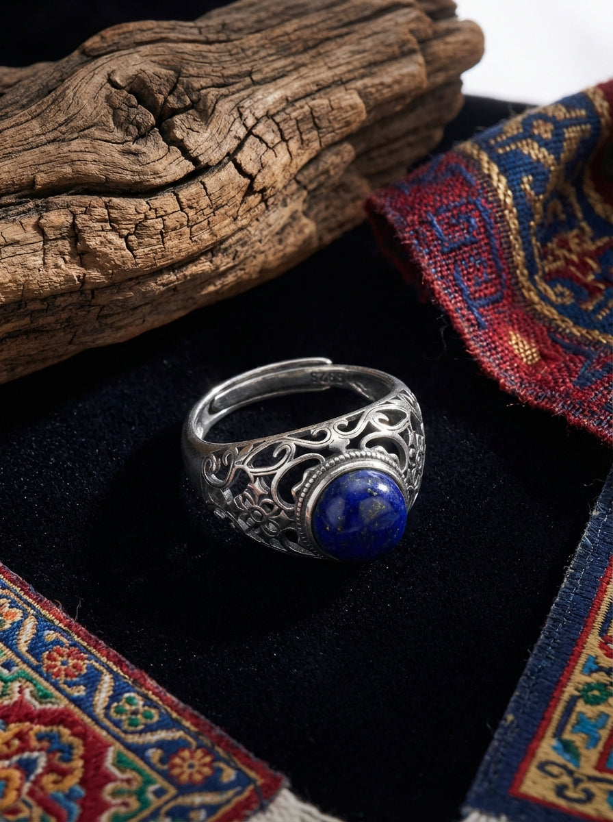 Vintage Ethnic Style Ring | S925 Sterling Silver Lapis Lazuli Open Ring