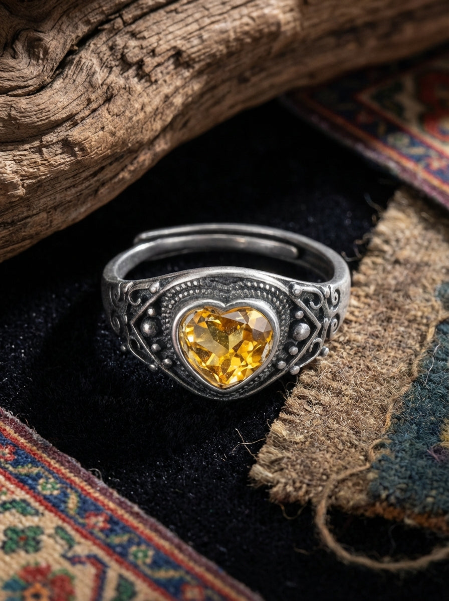 Tibetan Style Ring | 925 Sterling Silver Vintage Patina Heart Citrine Ring