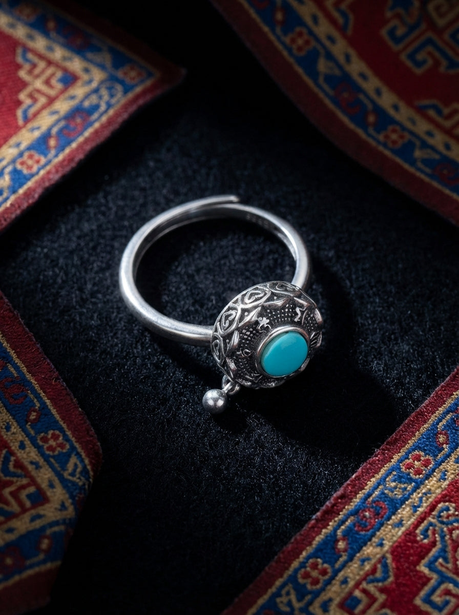 Vintage Ethnic Style Ring | S925 Sterling Silver Six-Syllable Mantra Turquoise Open Ring