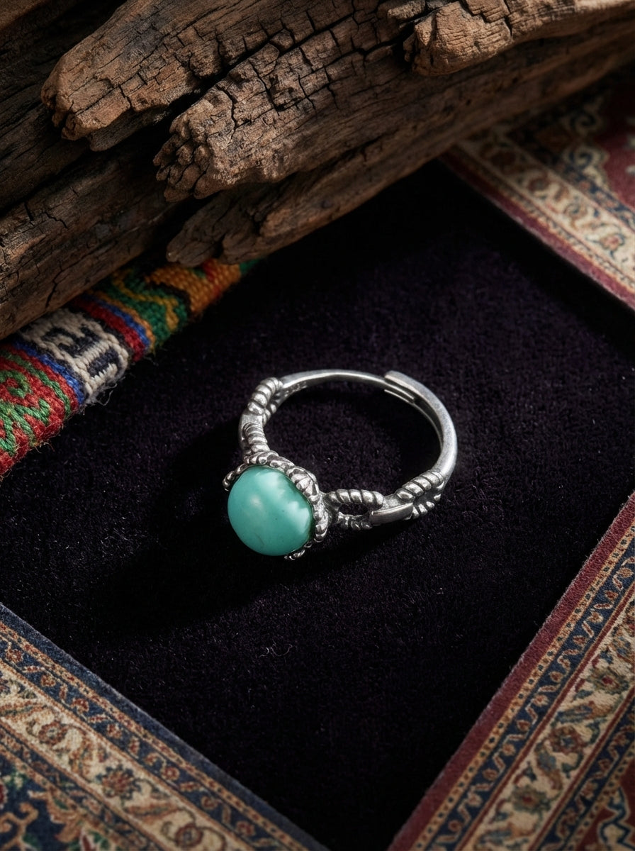 Vintage Ethnic Style Ring | S925 Sterling Silver Turquoise Twisted Open Ring