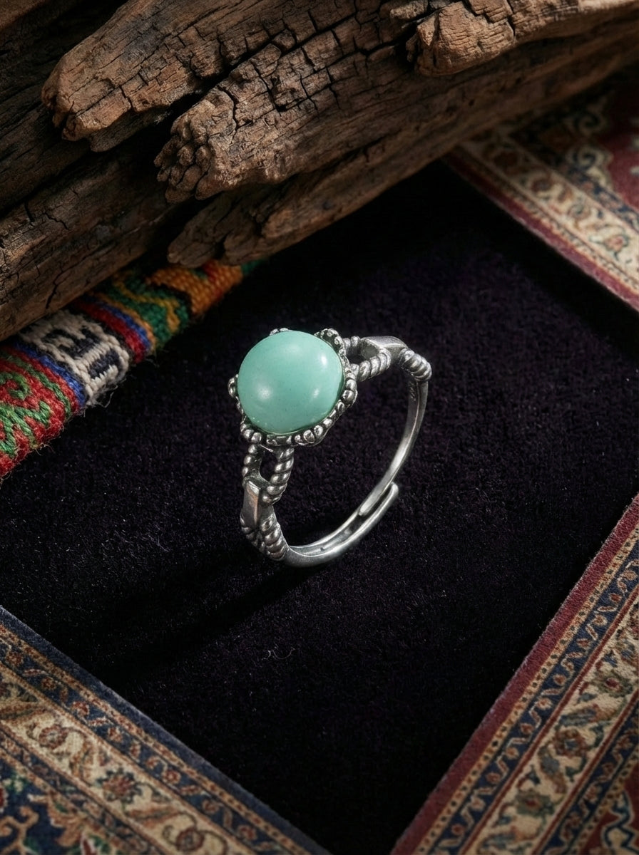 Vintage Ethnic Style Ring | S925 Sterling Silver Turquoise Twisted Open Ring