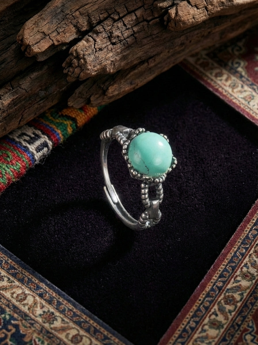 Vintage Ethnic Style Ring | S925 Sterling Silver Turquoise Twisted Open Ring