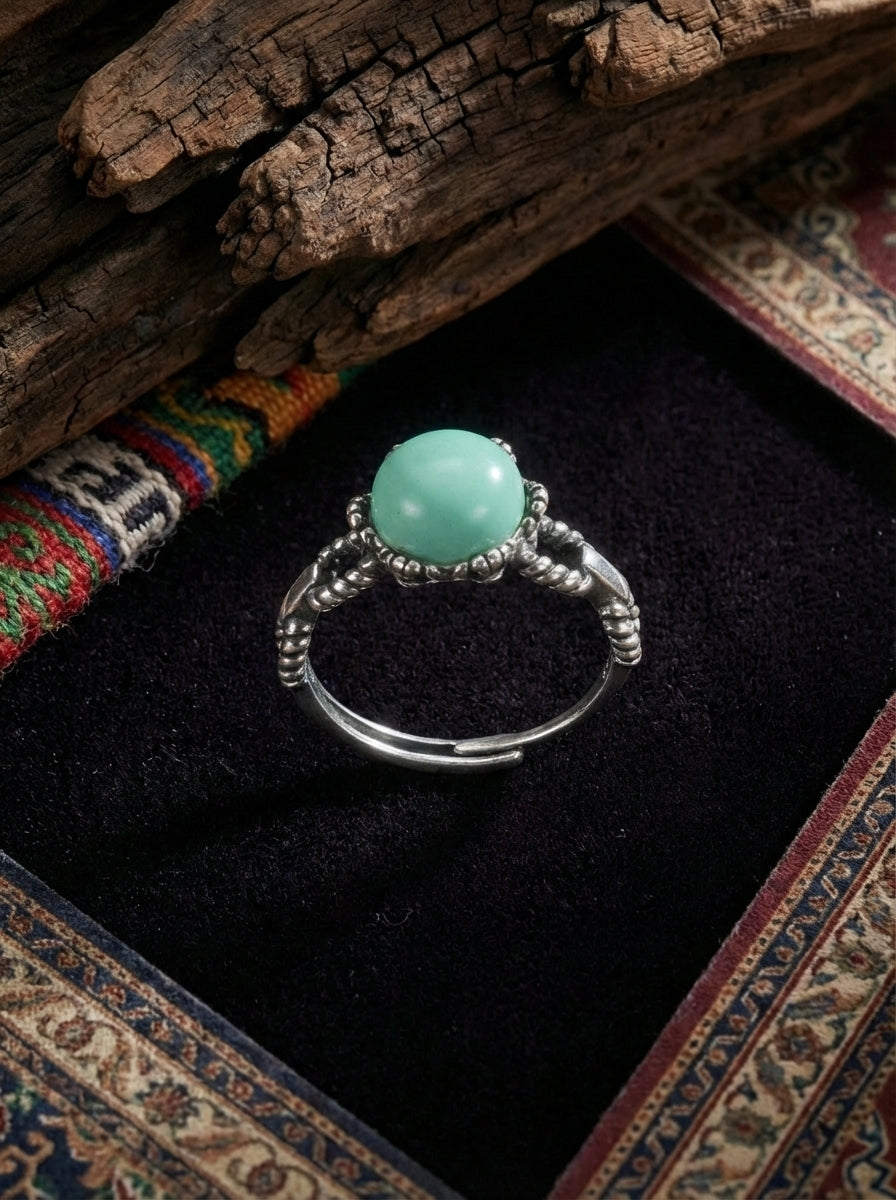 Vintage Ethnic Style Ring | S925 Sterling Silver Turquoise Twisted Open Ring