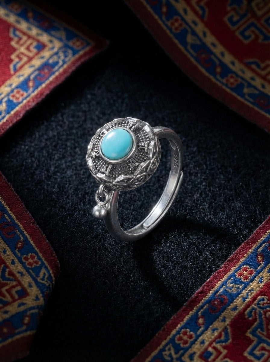 Vintage Ethnic Style Ring | S925 Sterling Silver Six-Syllable Mantra Turquoise Open Ring
