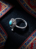 Vintage Ethnic Style Ring | S925 Sterling Silver Six-Syllable Mantra Turquoise Open Ring