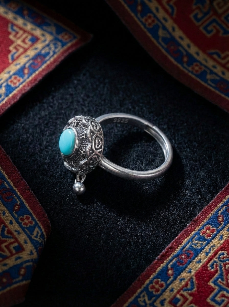Vintage Ethnic Style Ring | S925 Sterling Silver Six-Syllable Mantra Turquoise Open Ring
