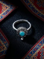 Vintage Ethnic Style Ring | S925 Sterling Silver Six-Syllable Mantra Turquoise Open Ring