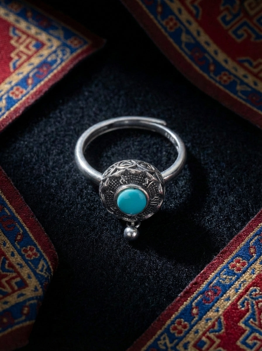 Vintage Ethnic Style Ring | S925 Sterling Silver Six-Syllable Mantra Turquoise Open Ring