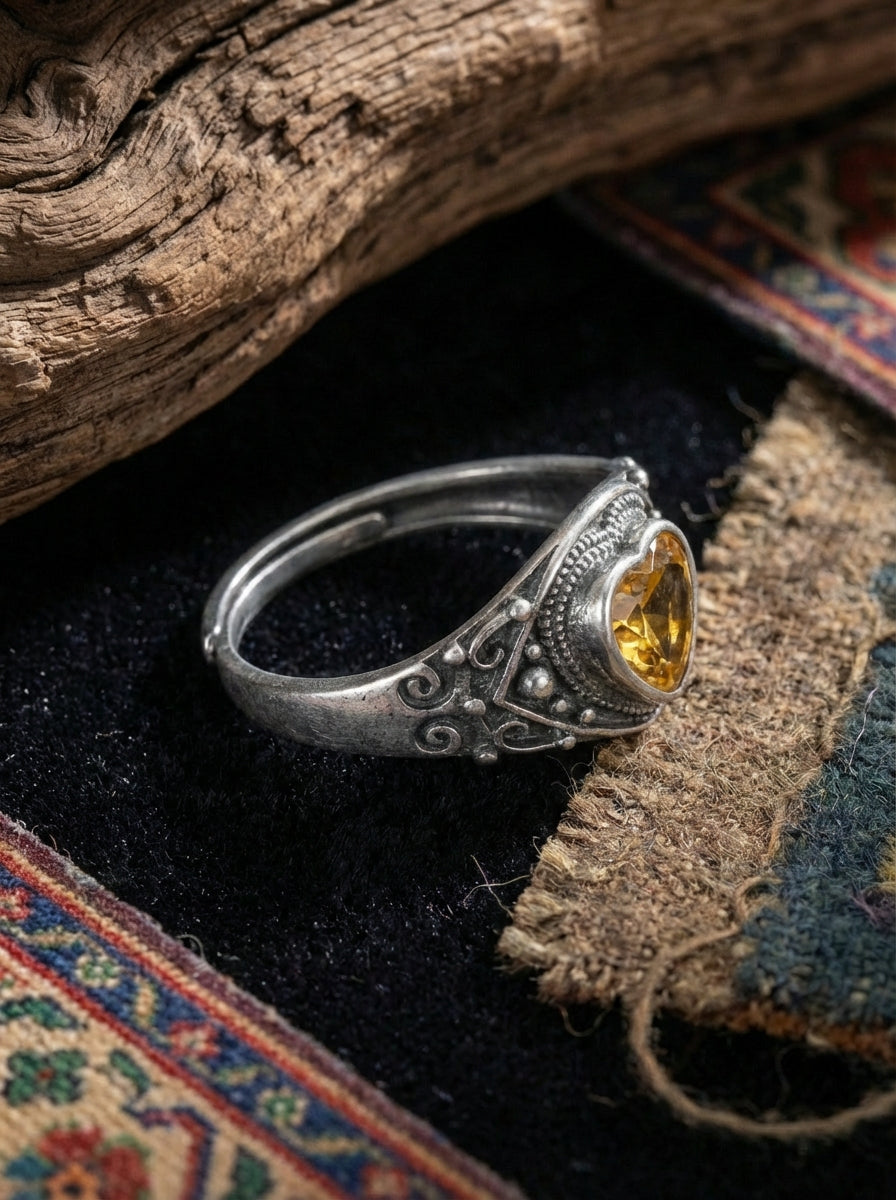 Tibetan Style Ring | 925 Sterling Silver Vintage Patina Heart Citrine Ring