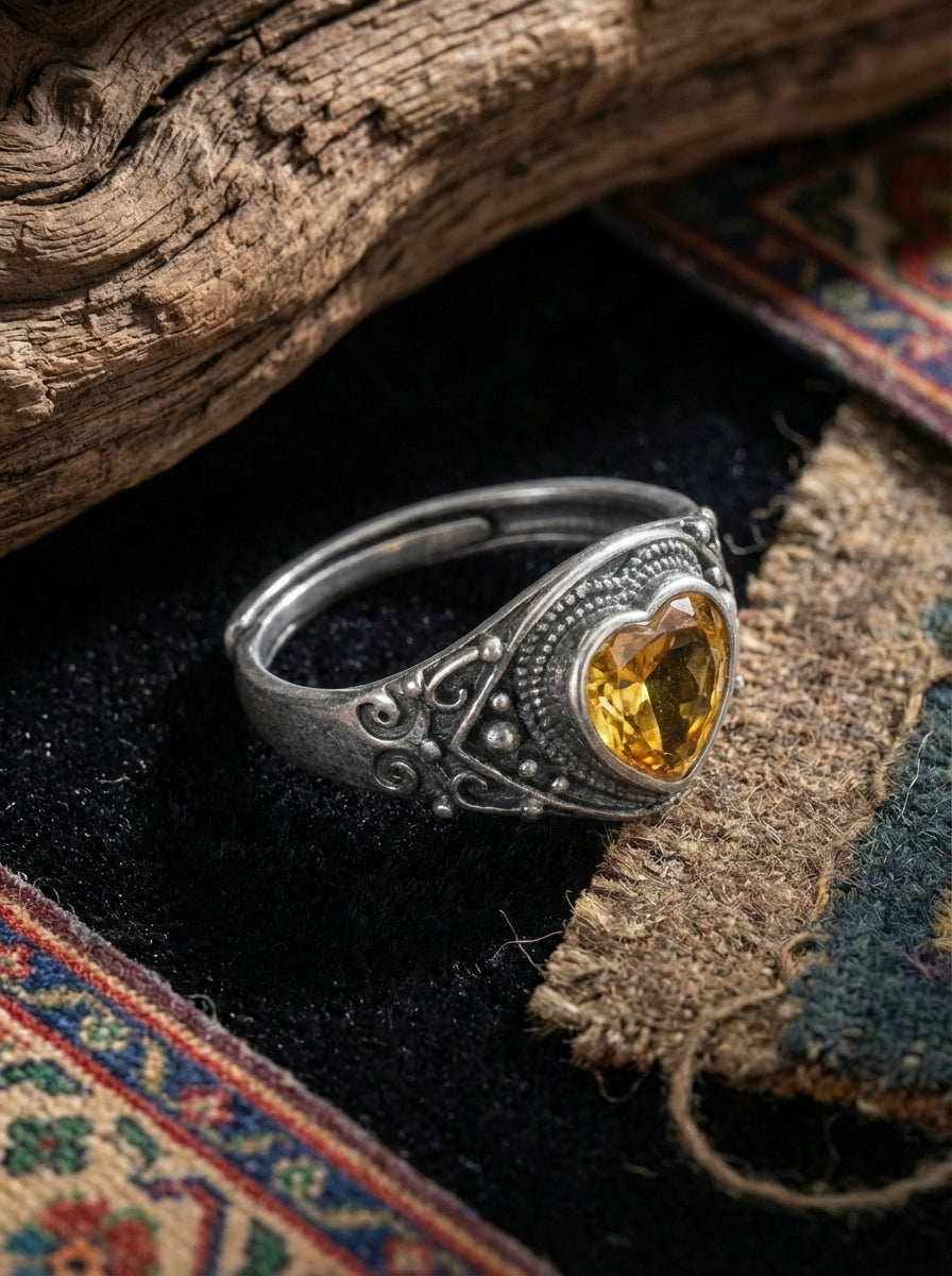 Tibetan Style Ring | 925 Sterling Silver Vintage Patina Heart Citrine Ring