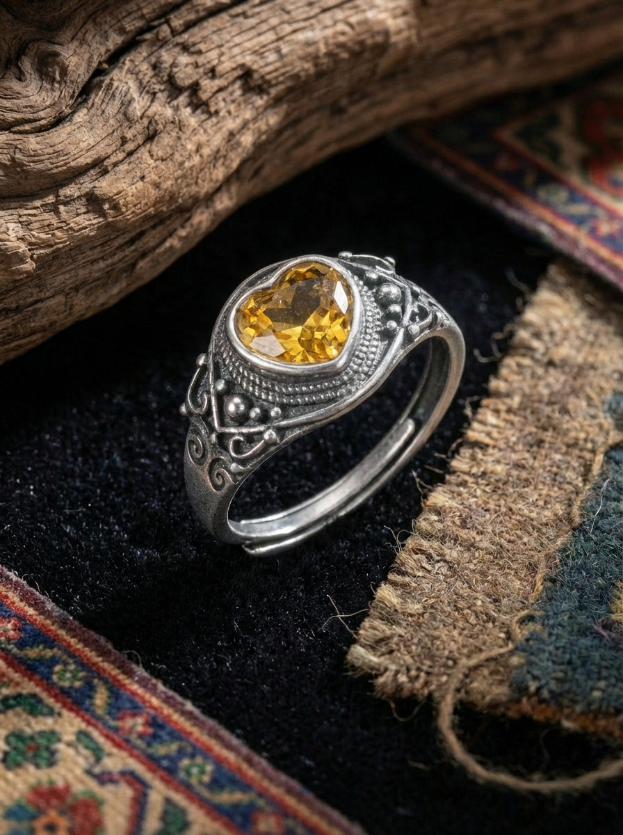 Tibetan Style Ring | 925 Sterling Silver Vintage Patina Heart Citrine Ring