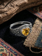 Tibetan Style Ring | 925 Sterling Silver Vintage Patina Heart Citrine Ring