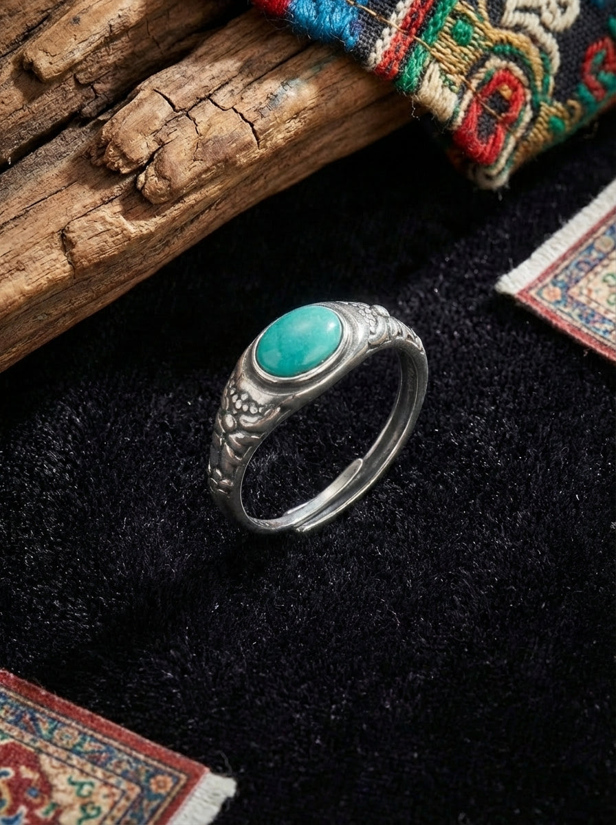 Neutral Retro Ring | S925 Sterling Silver Raw Ore Turquoise Cabochon Ring