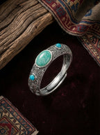 Tibetan Ethnic Style Ring | 925 Sterling Silver Vintage Patina Turquoise Adjustable Ring