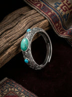 Tibetan Ethnic Style Ring | 925 Sterling Silver Vintage Patina Turquoise Adjustable Ring