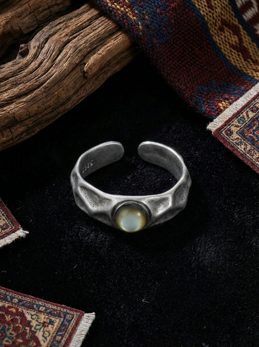 Vintage European and American Style Ring | S925 Sterling Silver Black Mother of Pearl Light Luxury Open Ring