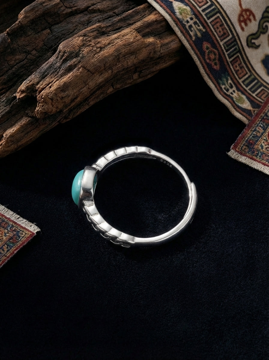 Vintage Ethnic Style Ring | S925 Sterling Silver Turquoise Square Open Ring