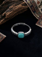 Vintage Ethnic Style Ring | S925 Sterling Silver Turquoise Square Open Ring