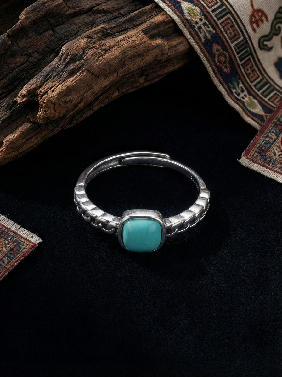 Vintage Ethnic Style Ring | S925 Sterling Silver Turquoise Square Open Ring