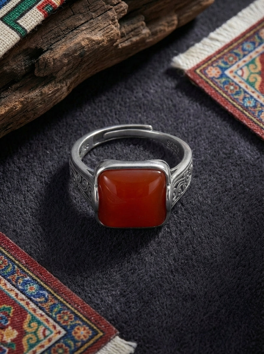 Vintage New Chinese Style Ring | S925 Sterling Silver Southern Red Agate Square Candy Ring