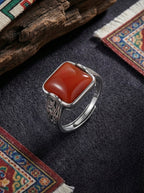 Vintage New Chinese Style Ring | S925 Sterling Silver Southern Red Agate Square Candy Ring