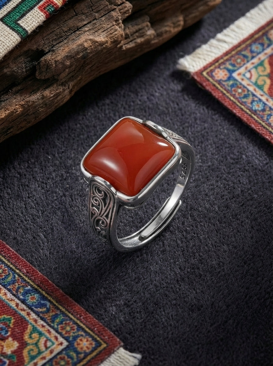 Vintage New Chinese Style Ring | S925 Sterling Silver Southern Red Agate Square Candy Ring