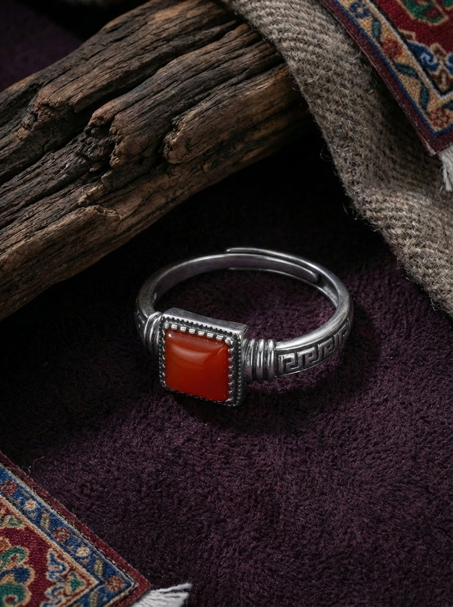 Vintage Ethnic Style Ring | S925 Sterling Silver Southern Red Agate Square Candy Ring