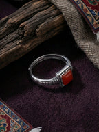 Vintage Ethnic Style Ring | S925 Sterling Silver Southern Red Agate Square Candy Ring