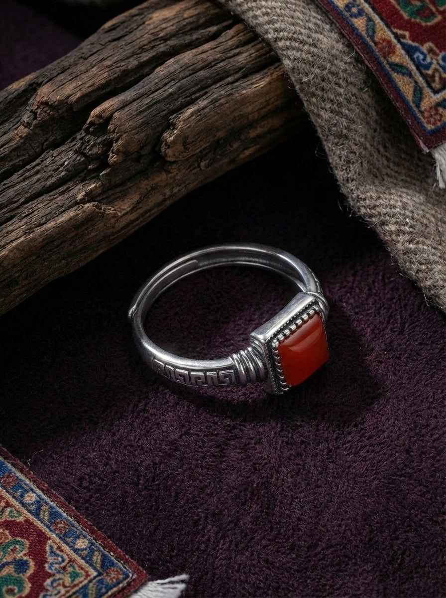 Vintage Ethnic Style Ring | S925 Sterling Silver Southern Red Agate Square Candy Ring