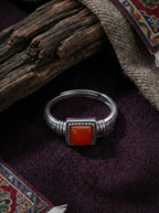 Vintage Ethnic Style Ring | S925 Sterling Silver Southern Red Agate Square Candy Ring