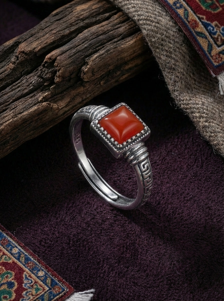 Vintage Ethnic Style Ring | S925 Sterling Silver Southern Red Agate Square Candy Ring