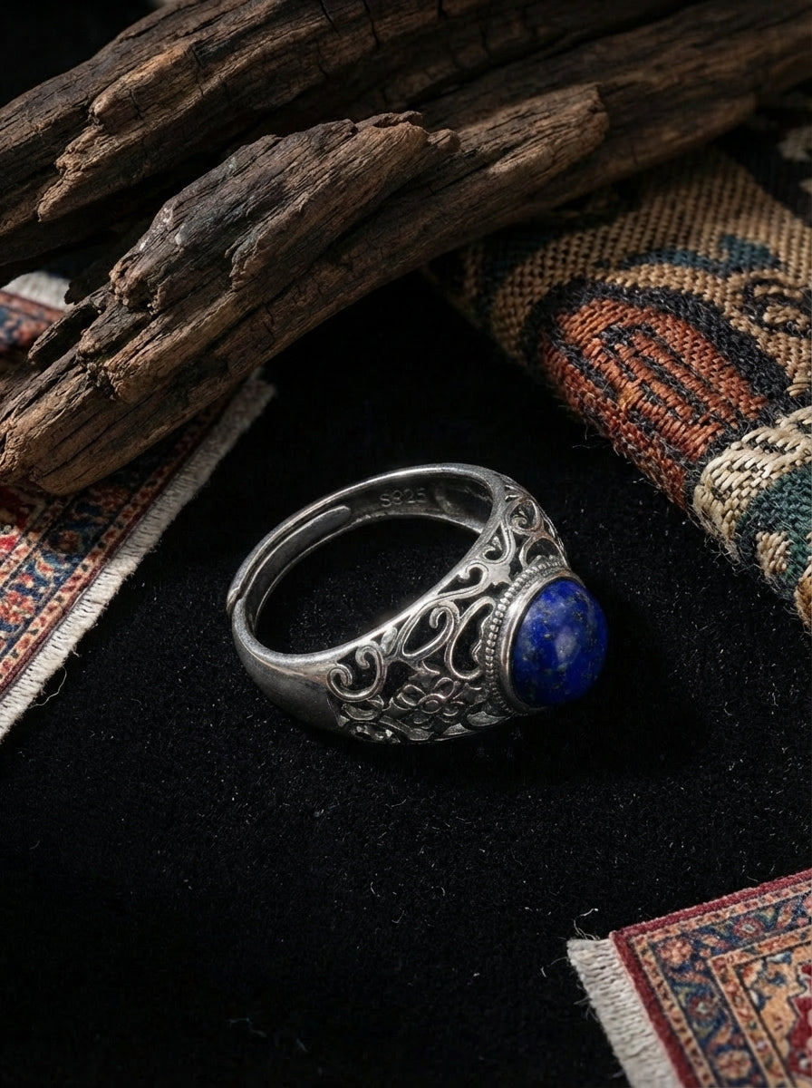 Vintage Ethnic Style Ring | S925 Sterling Silver Lapis Lazuli Open Ring