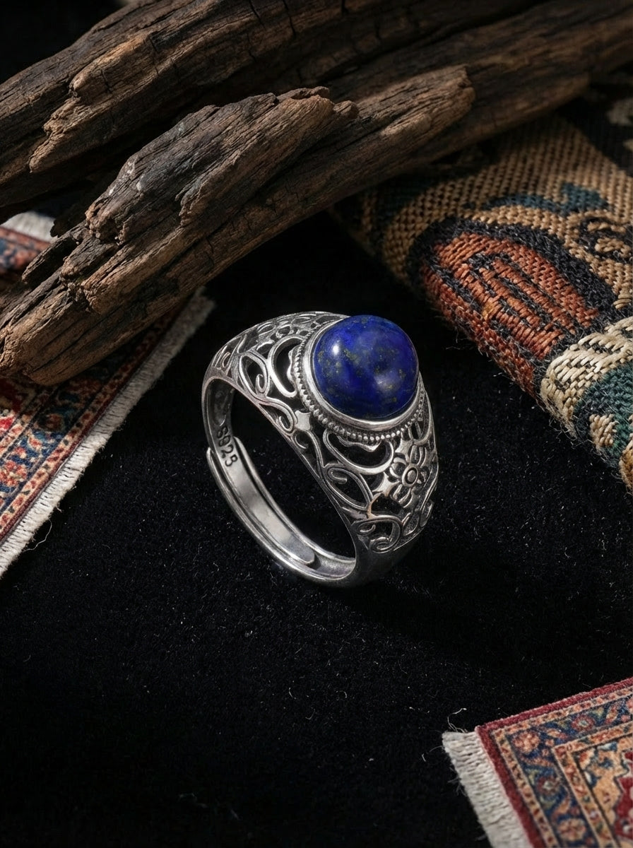 Vintage Ethnic Style Ring | S925 Sterling Silver Lapis Lazuli Open Ring