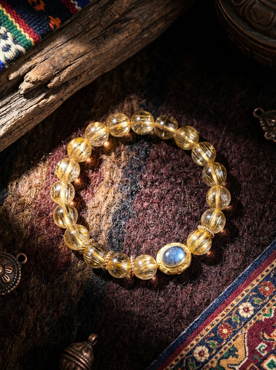 「Golden Shine & Azure Glow」Tibetan Style Natural Citrine Inlaid Aquamarine Bracelet
