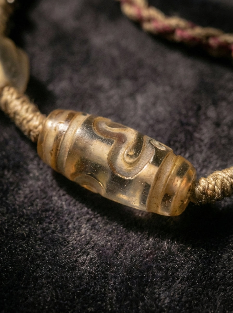 Tibetan Region Vintage Natural White Crystal Three-Faced Mahakala Vajra Dzi Bead Necklace - Unique Piece