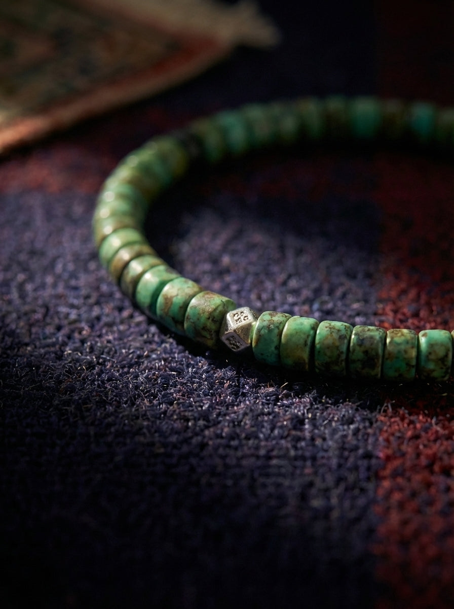 Tibetan Sacred Stone Ancient Hand-Chiseled Natural Raw Turquoise Sterling Silver Bracelet Original Niche Design
